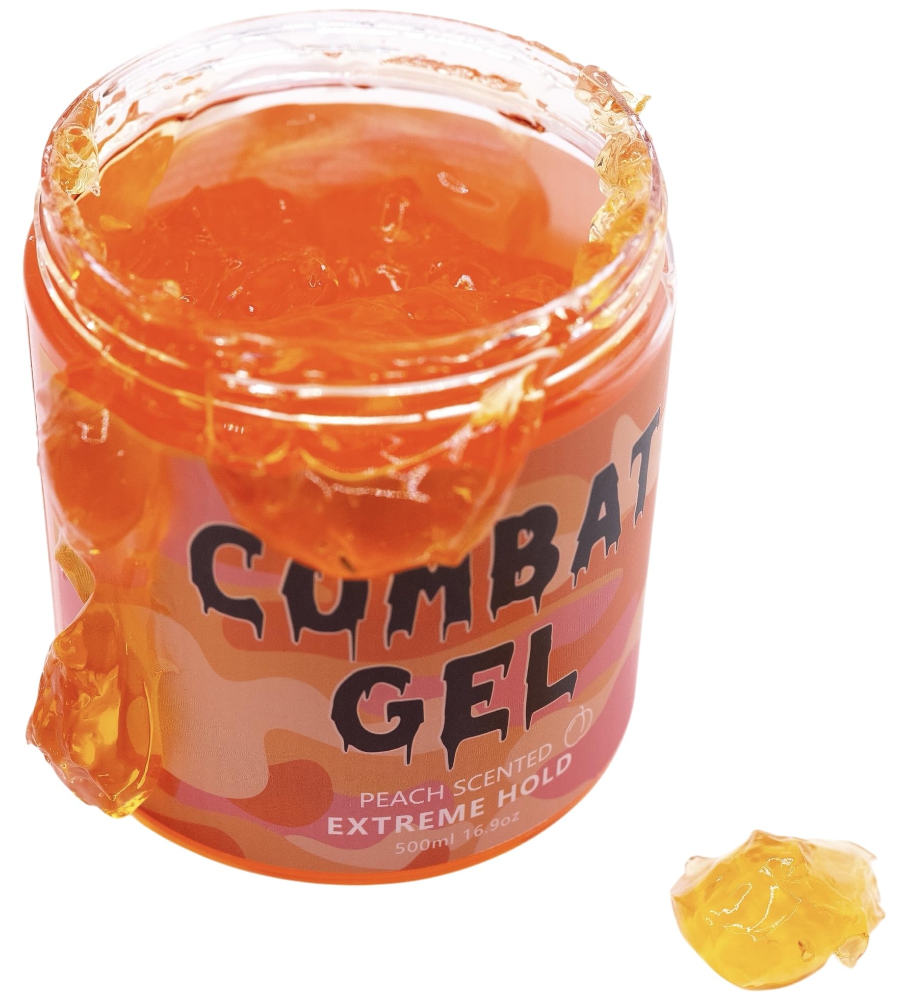 Combat Gel extreme-hold texture close-up shows peach scent for defined curls.