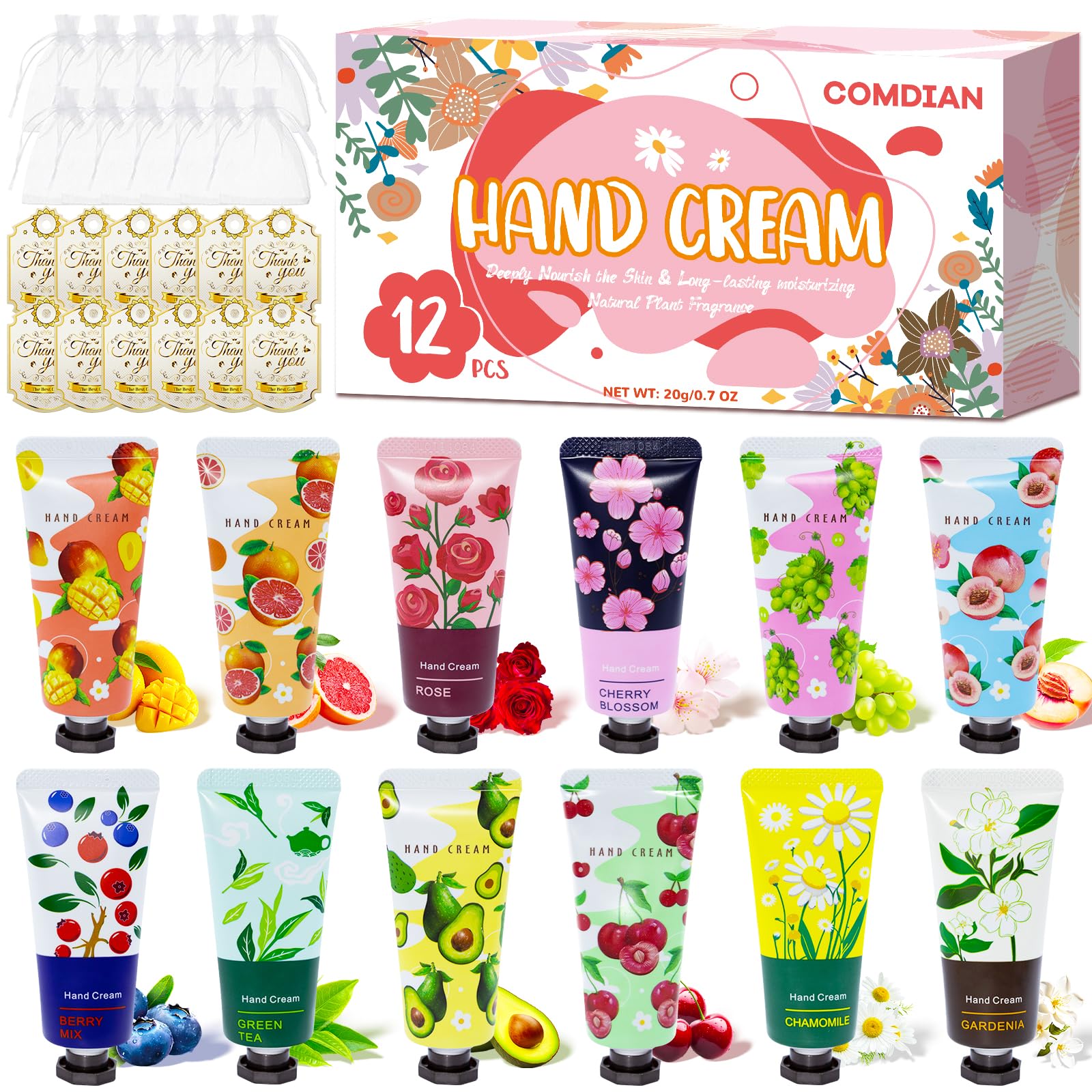 Comdian 12-pack hand cream tubes in close-up display for travel-friendly moisture
