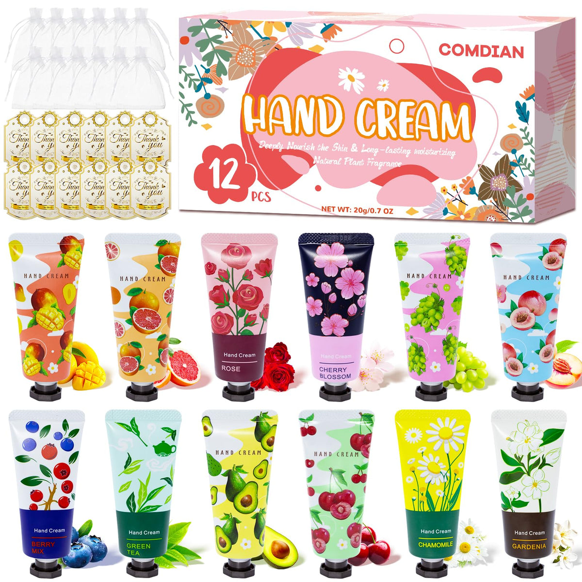 Comdian 12-pack hand cream tubes in close-up display for travel-friendly moisture