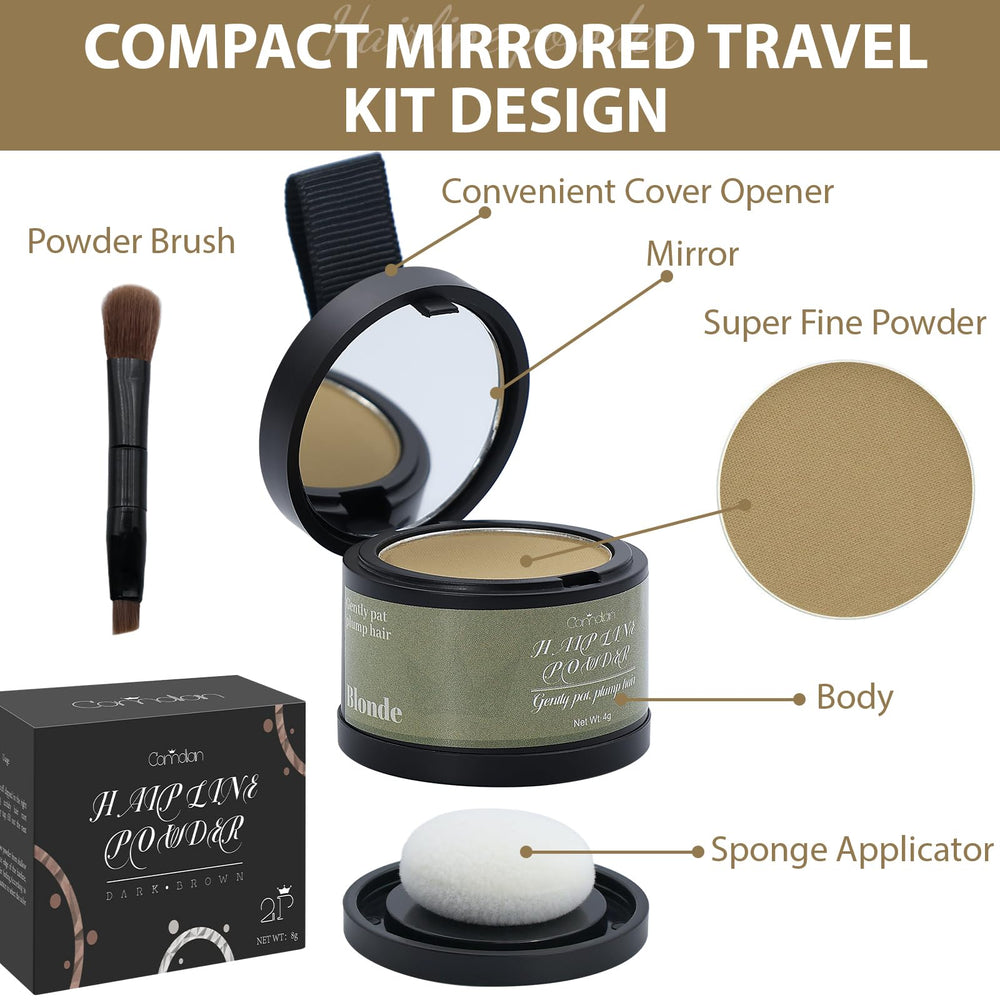 Comdian hairline powder applied to hairline for natural fullness.