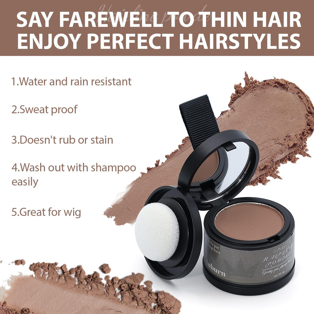 Close-up of finished look with Comdian hairline powder blending into natural hair.