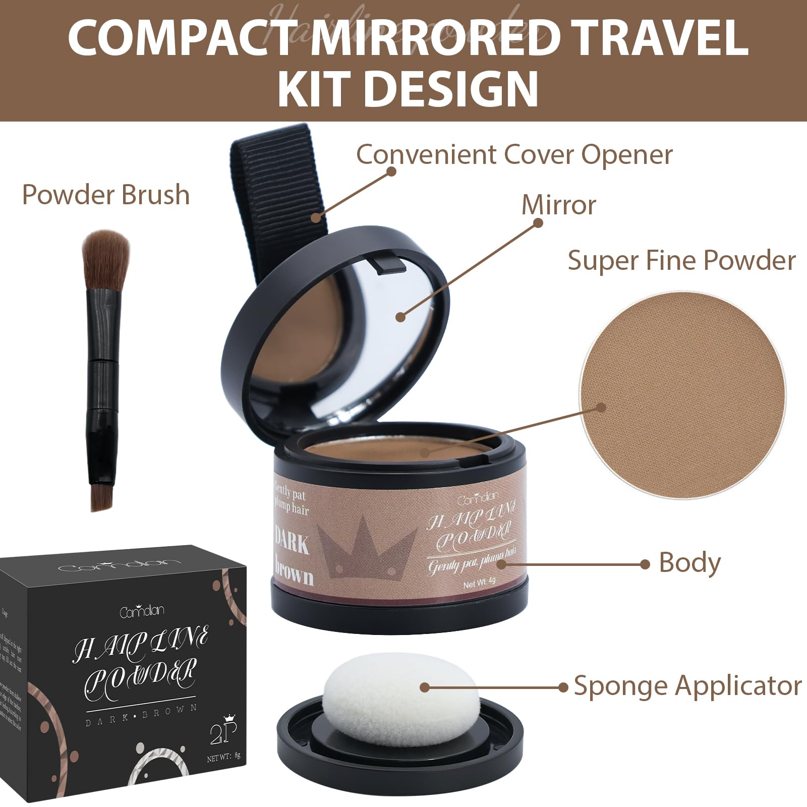 Comdian hairline powder brown shade blends roots for a seamless look.