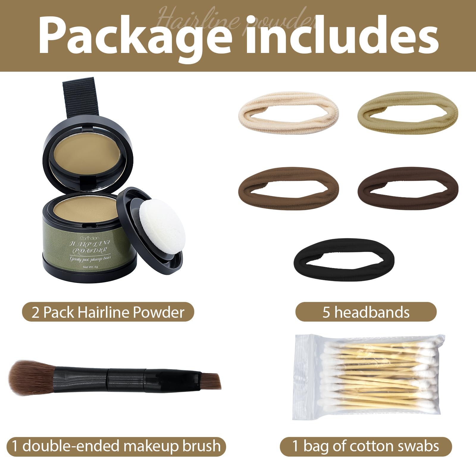 Comdian hairline powder bundle with brush and accessories for convenience.
