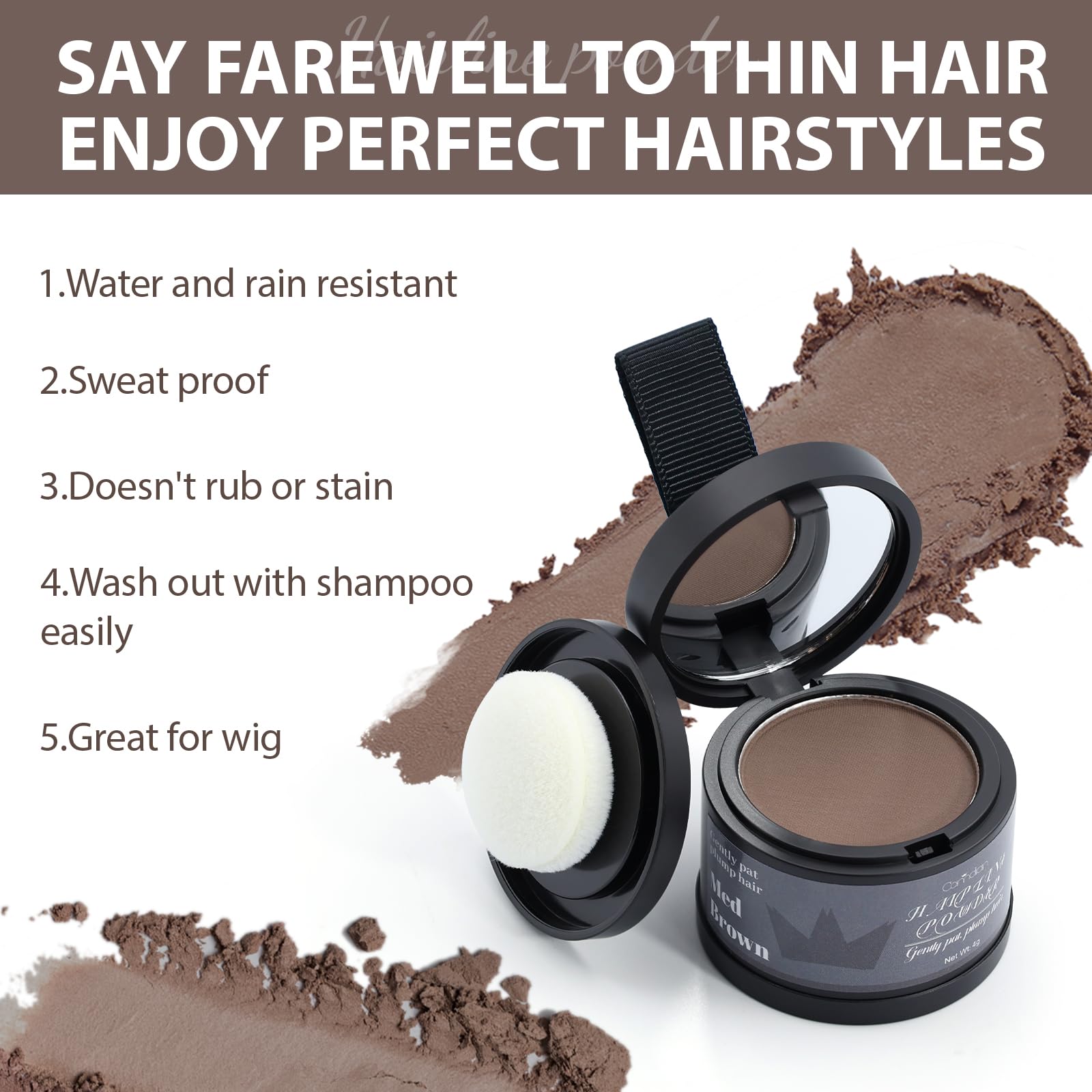 Comdian Hairline Powder included-accessories pack adds brush and bands.