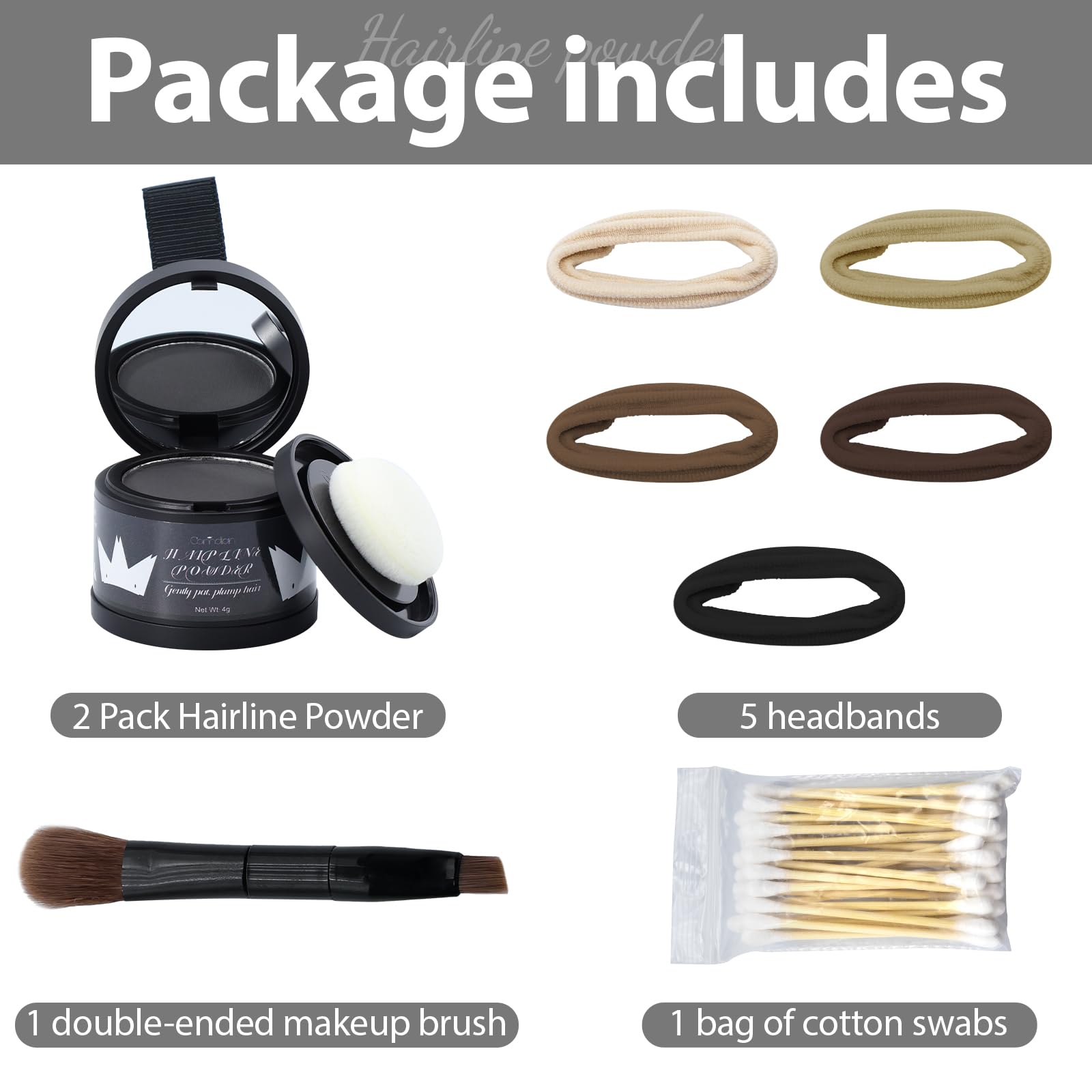Comdian hairline powder with rubber bands included for easy styling