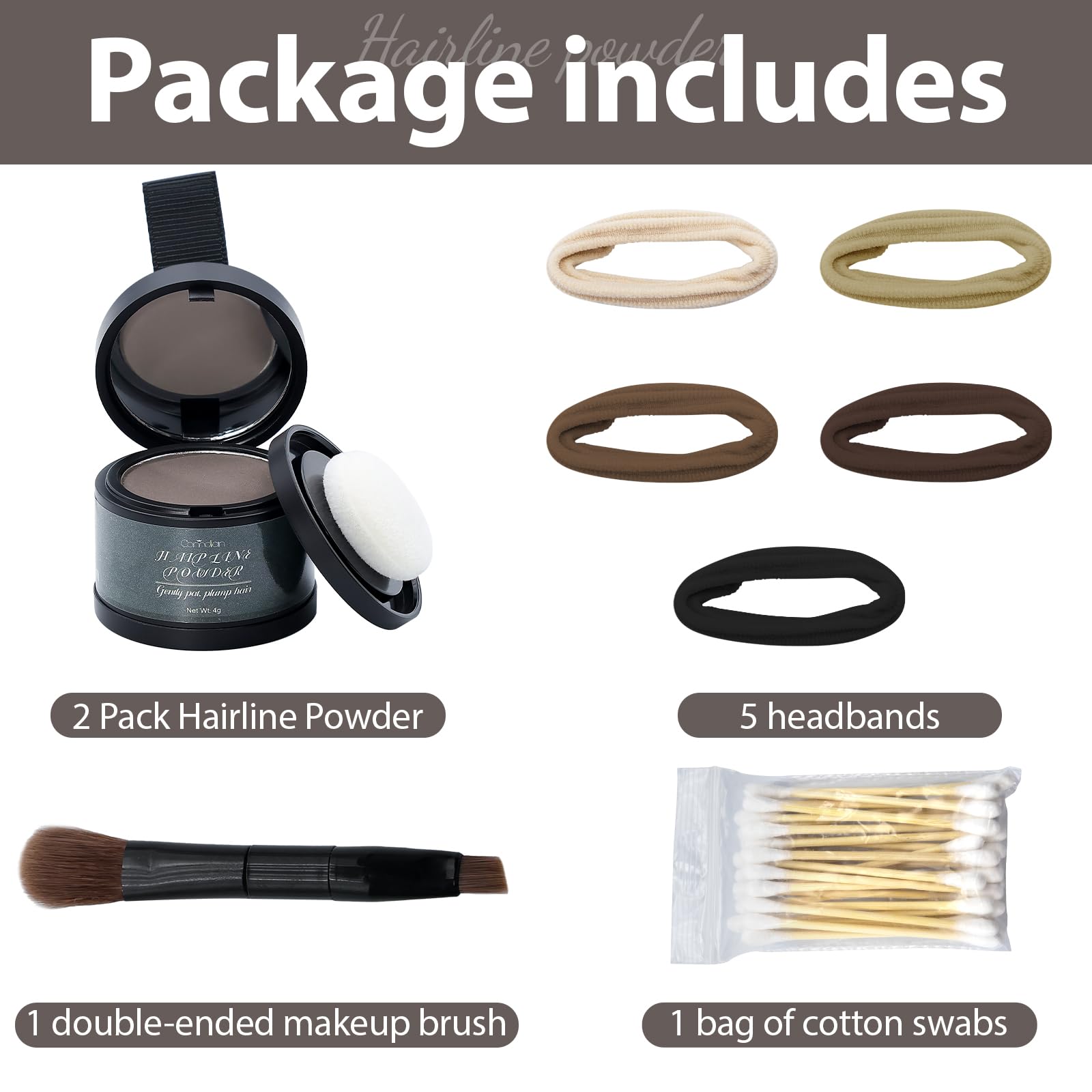 Comdian Hairline Powder value pack contents: brush, bands, swabs