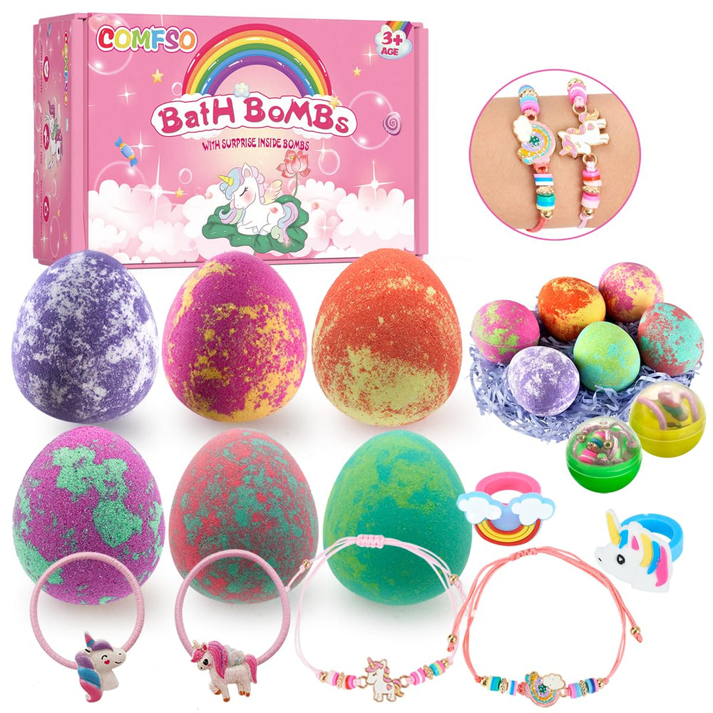 comfso Dino Egg Bath Bombs pack with colorful fizz and surprise toy inside