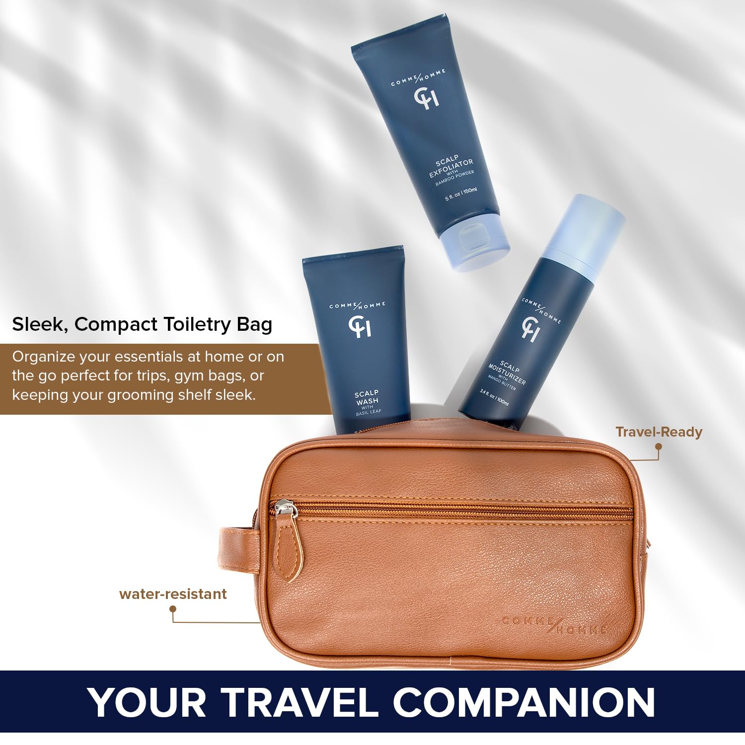 Comme Homme free toiletry bag keeps care essentials organized on the go.