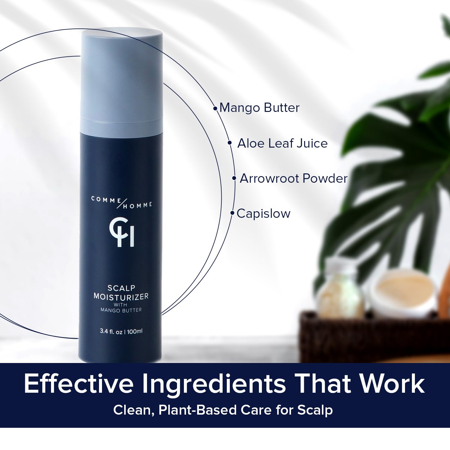 Arrowroot powder included in Comme Homme formula absorbs oil for a shine-free scalp.