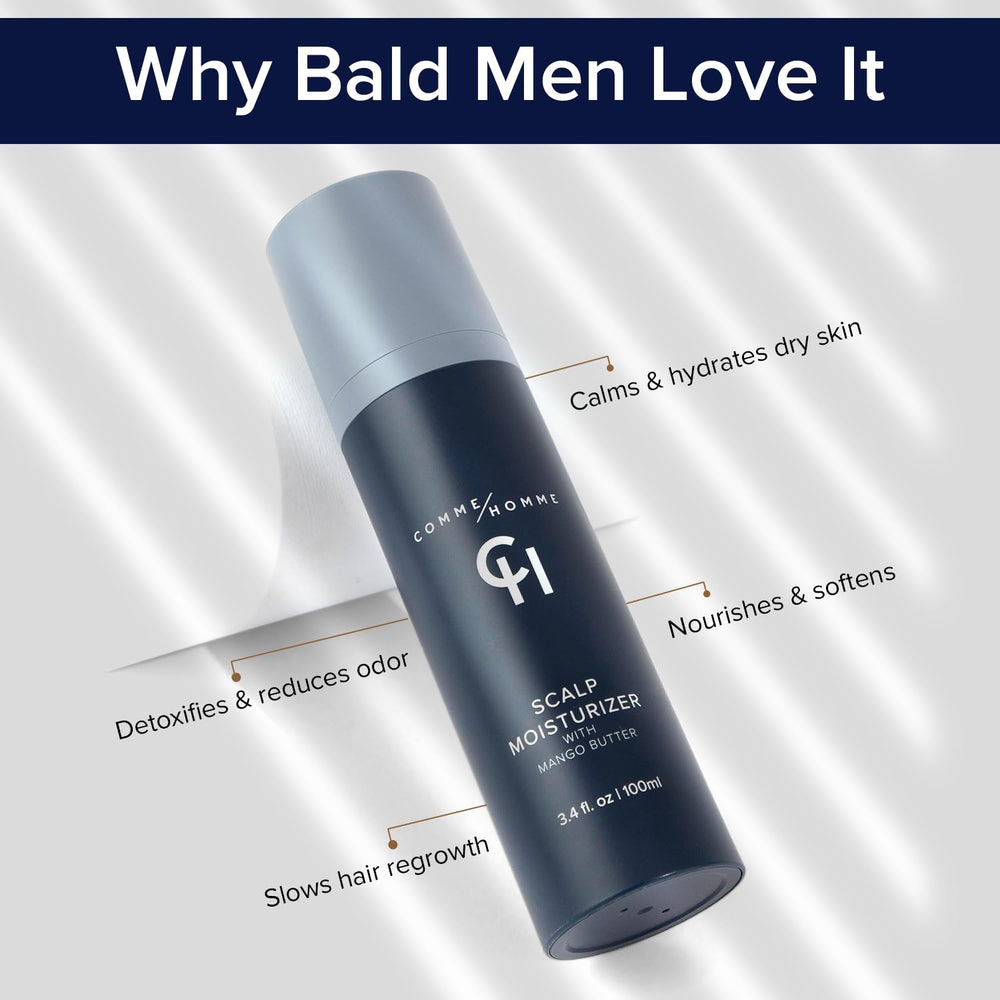 Comme Homme Scalp Moisturizer featuring Capislow for possible slower regrowth between shaves.