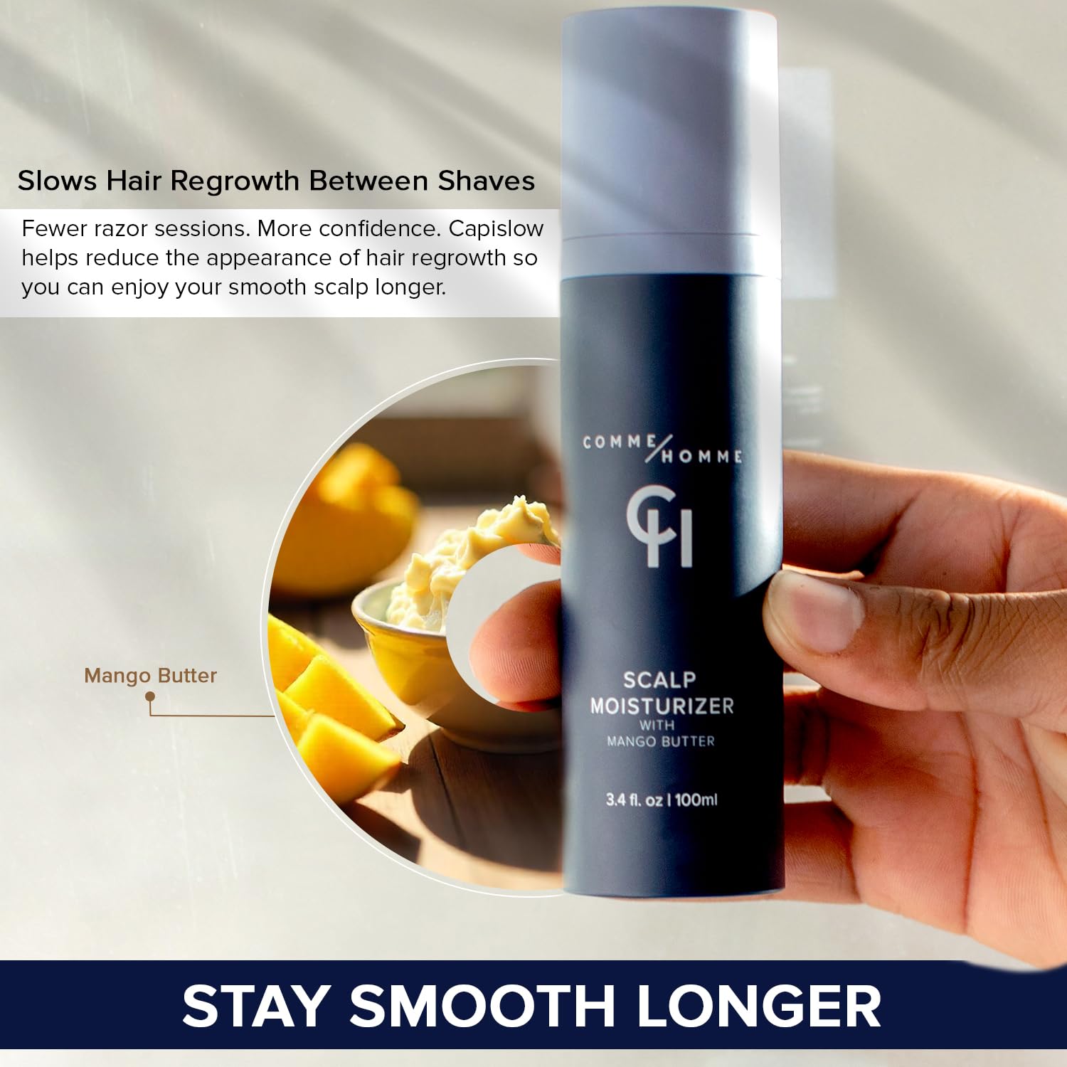 Mango butter nourishes the bald scalp with Comme Homme for lasting hydration.