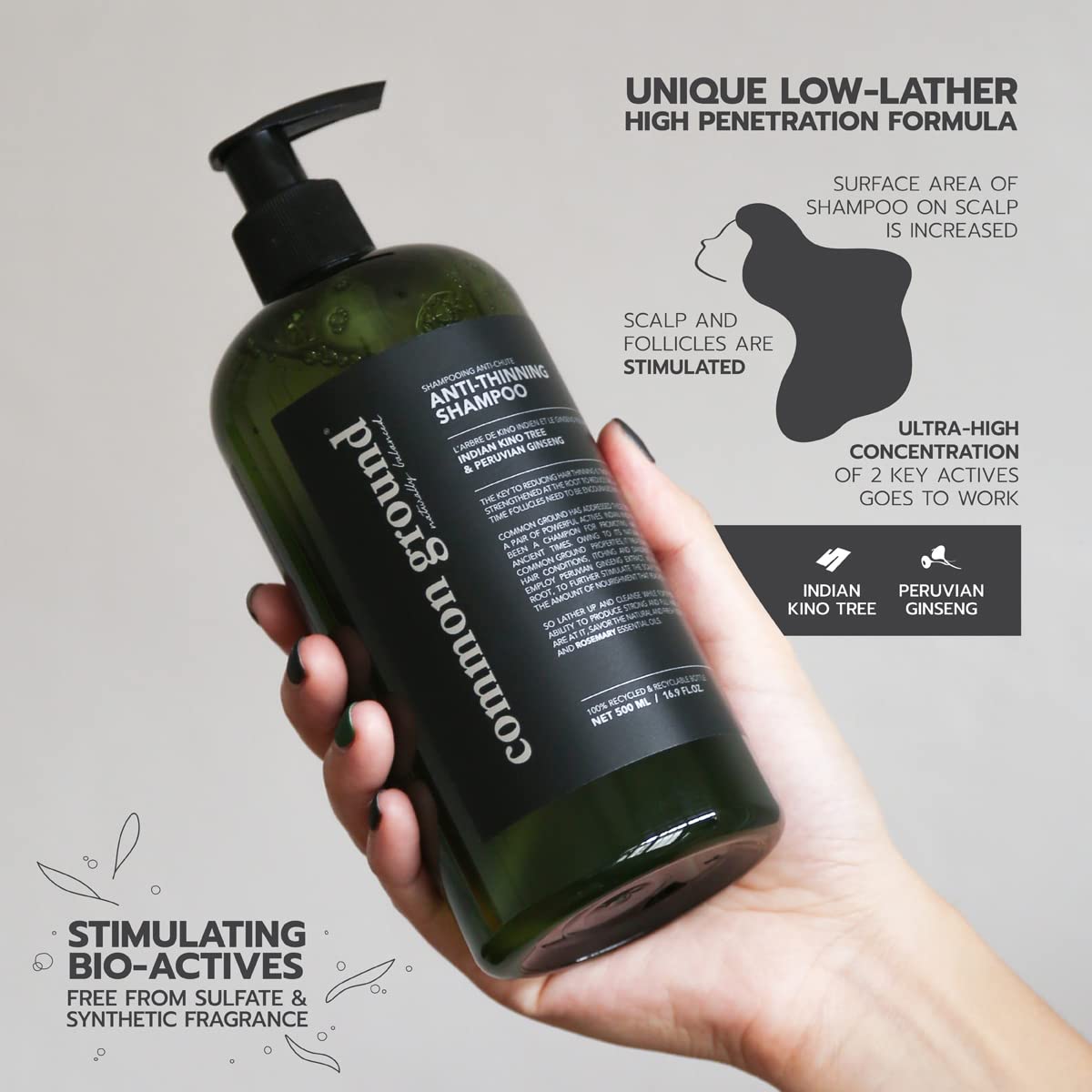 Common Ground Kino Tree extract close-up emphasizes scalp nourishment potential.