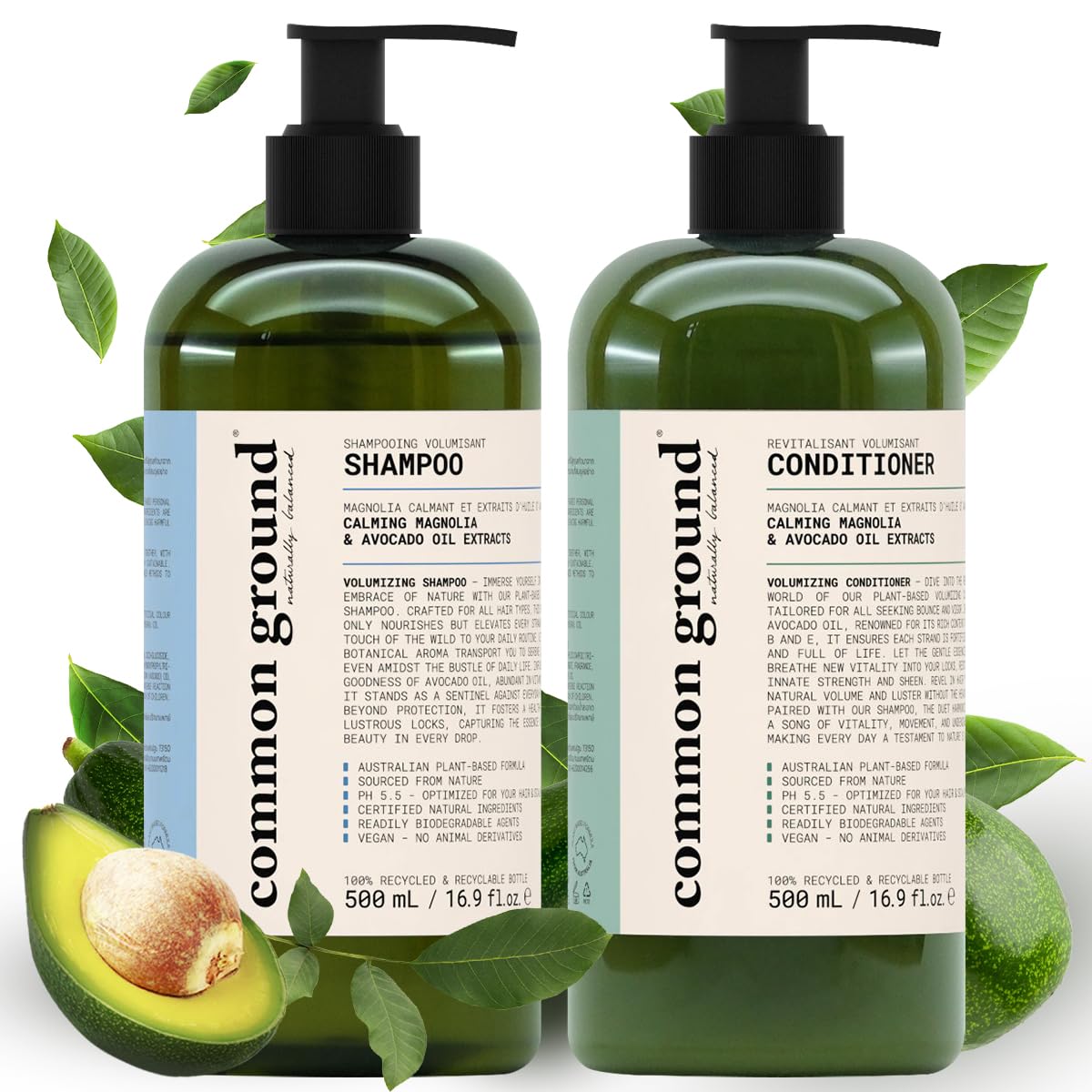 Common Ground volumizing shampoo bottle showing added volume and shine.