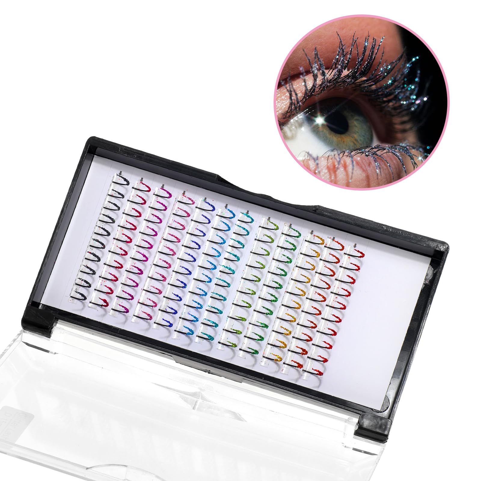 COMNICO colorful cluster lashes close-up showing glitter effect