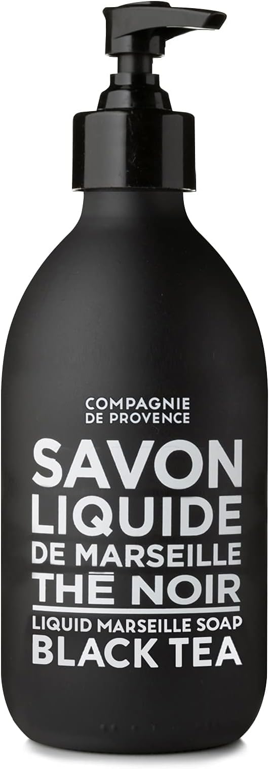 La Compagnie de Provence Black Tea liquid soap bottle highlighting premium Marseille craftsmanship for refined hand washing.