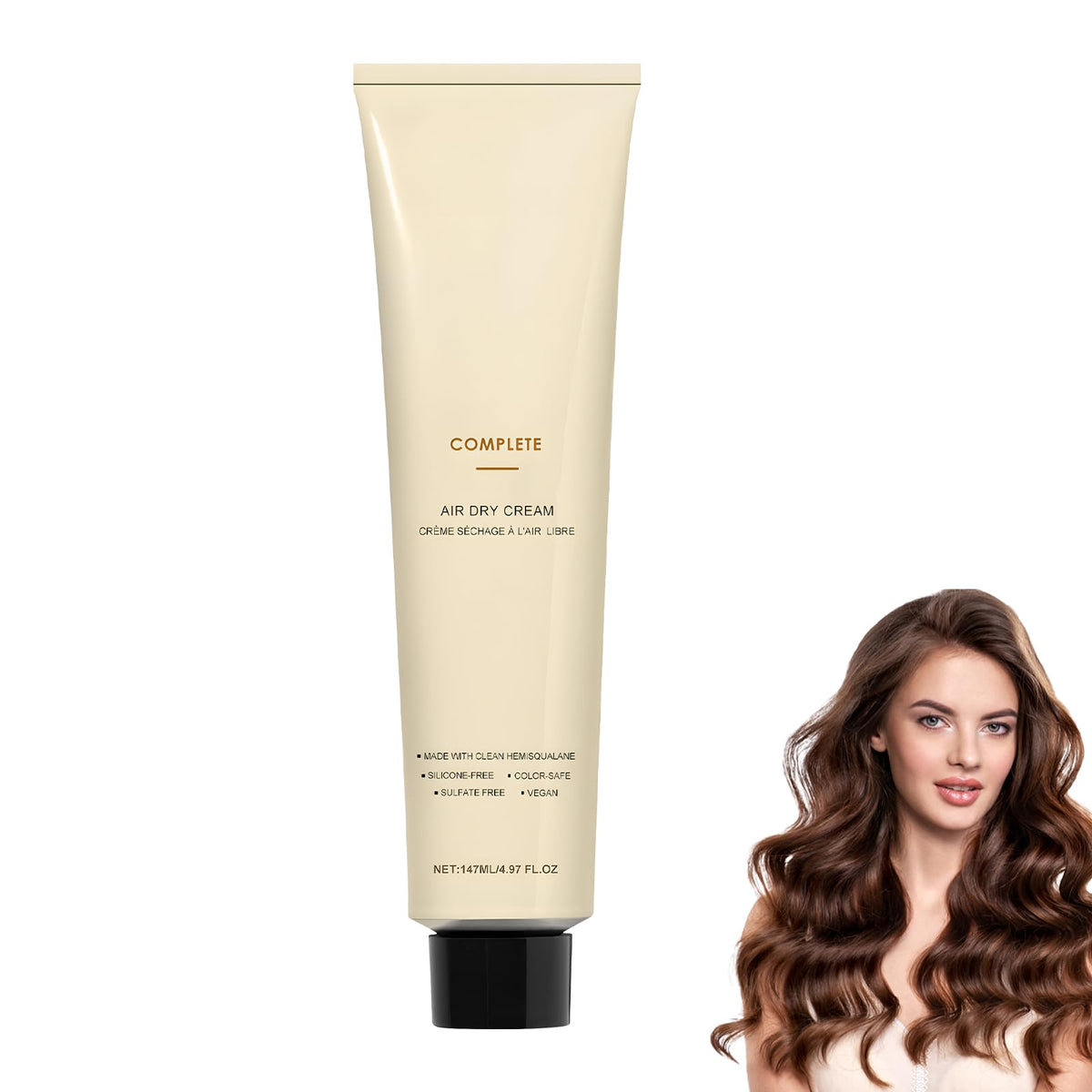 Complete Air Dry Cream bottle pouring demonstrates heat-free styling benefits.