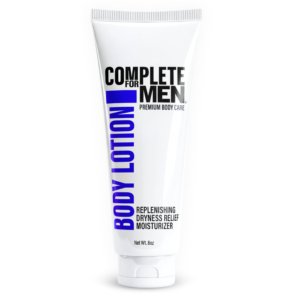 Complete for Men body lotion bottle demonstrates quick-absorbing hydration for dry skin.