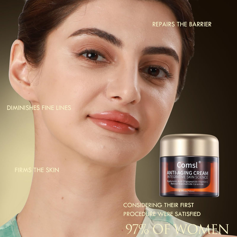 Comsl neck and chest application scene highlights firming benefits.