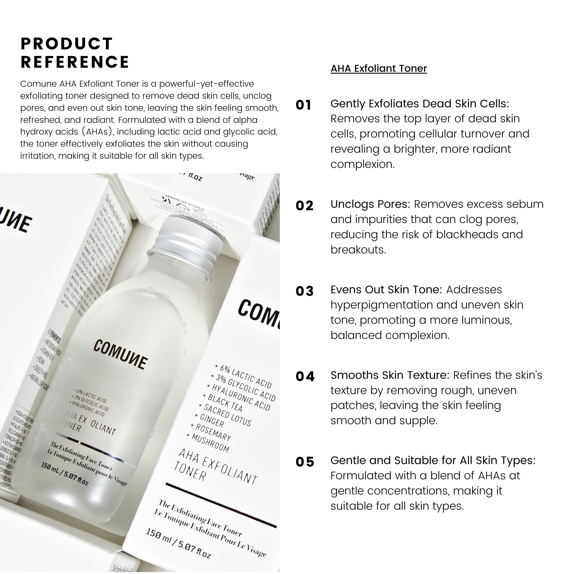 COMUNE AHA Exfoliant Toner hyaluronic acid emphasis for moisture.