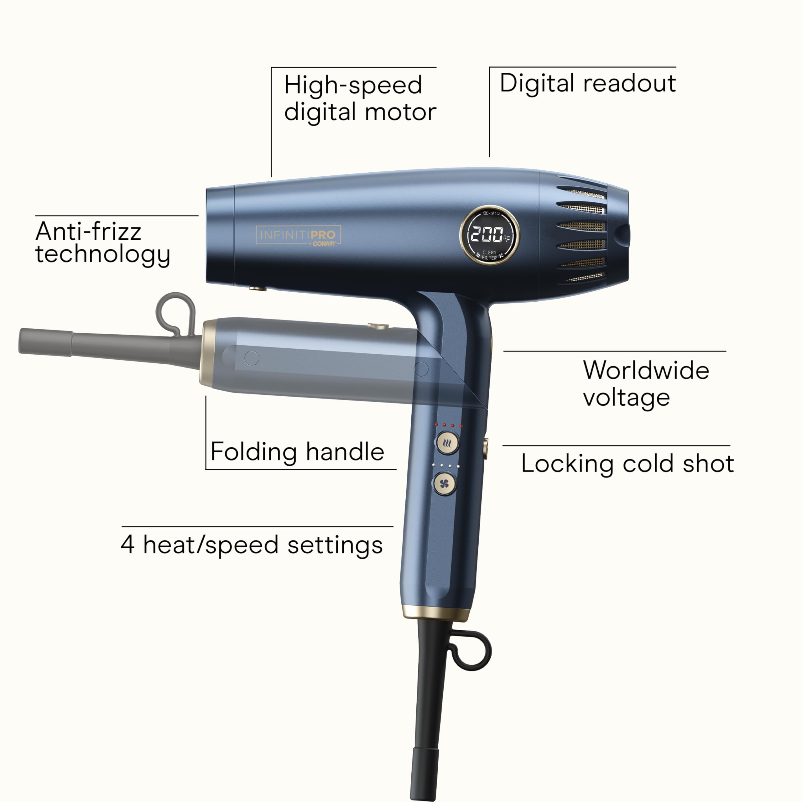 Conair Infiniti PRO 2.0 side view highlighting foldable design for travel convenience.