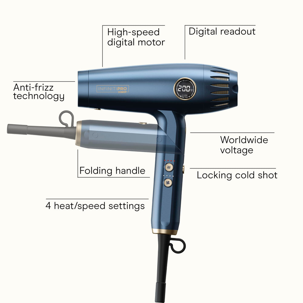 Conair Infiniti PRO 2.0 side view highlighting foldable design for travel convenience.