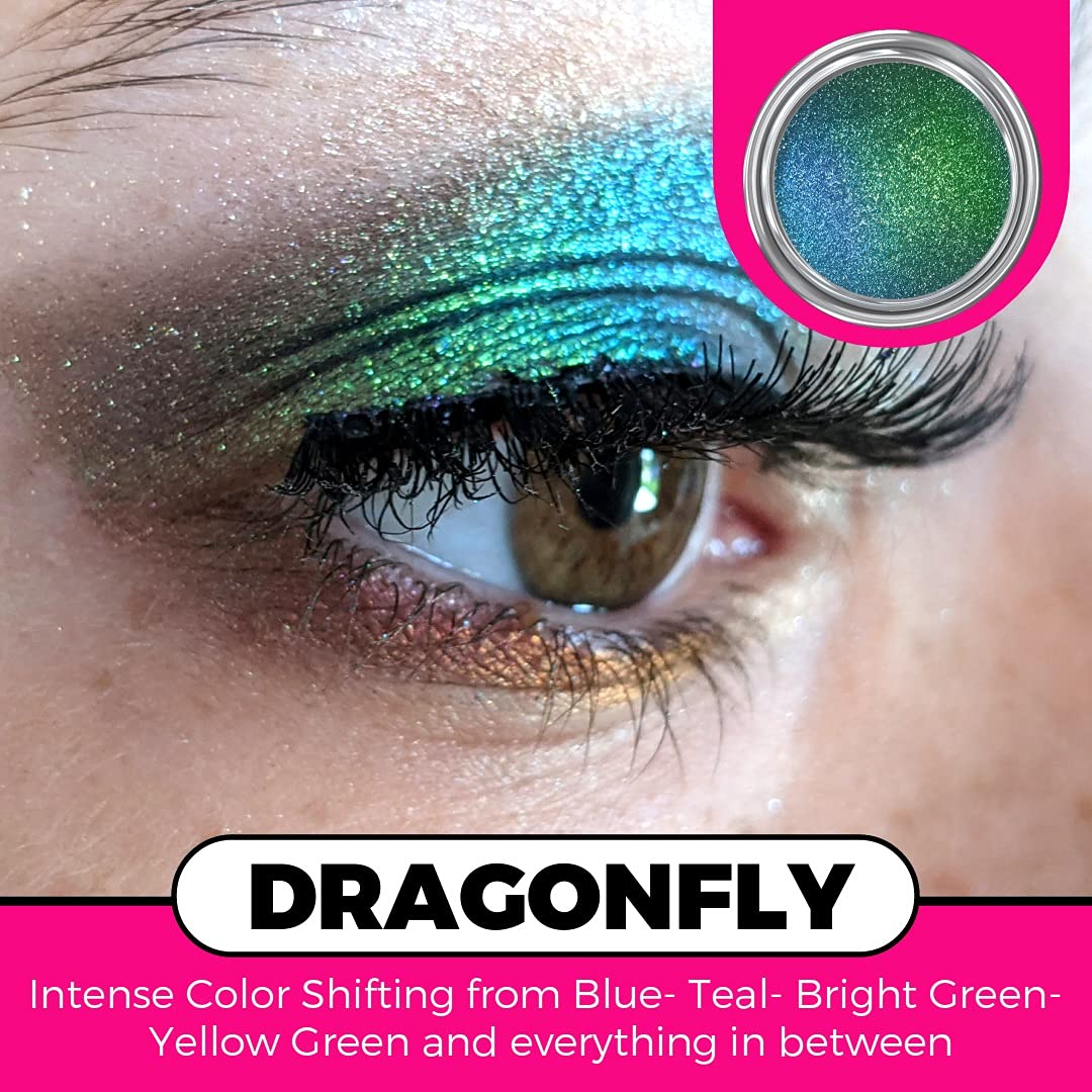 Concrete Minerals MultiChrome Dragonfly on skin reveals shifting blue-teal-green shimmer.