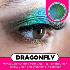 Concrete Minerals MultiChrome Dragonfly on skin reveals shifting blue-teal-green shimmer.