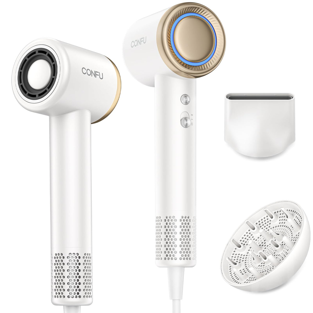 CONFU blow dryer with diffuser attached for defined curls and smoother hair.