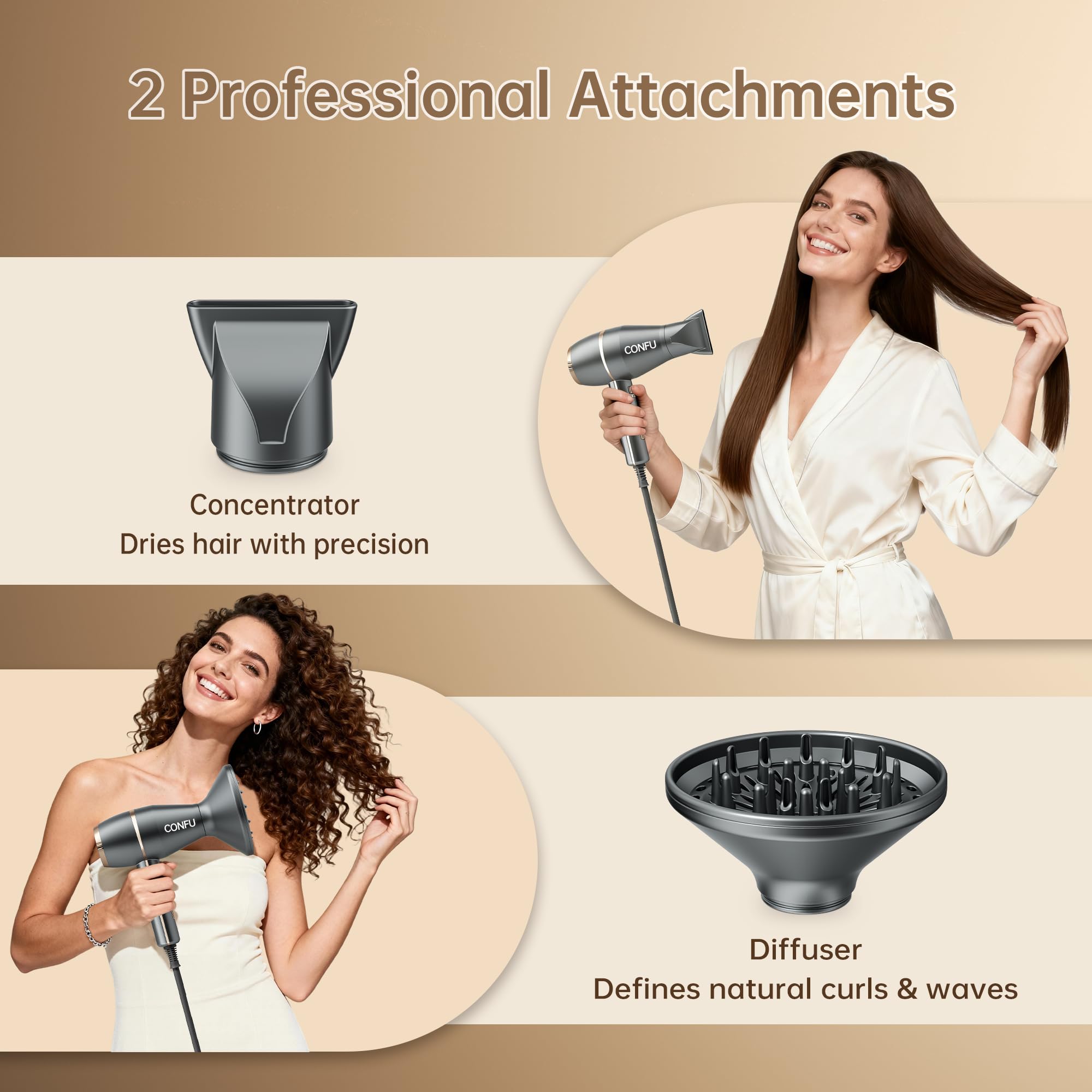 CONFU dryer with three heat settings and stepless speed for customization