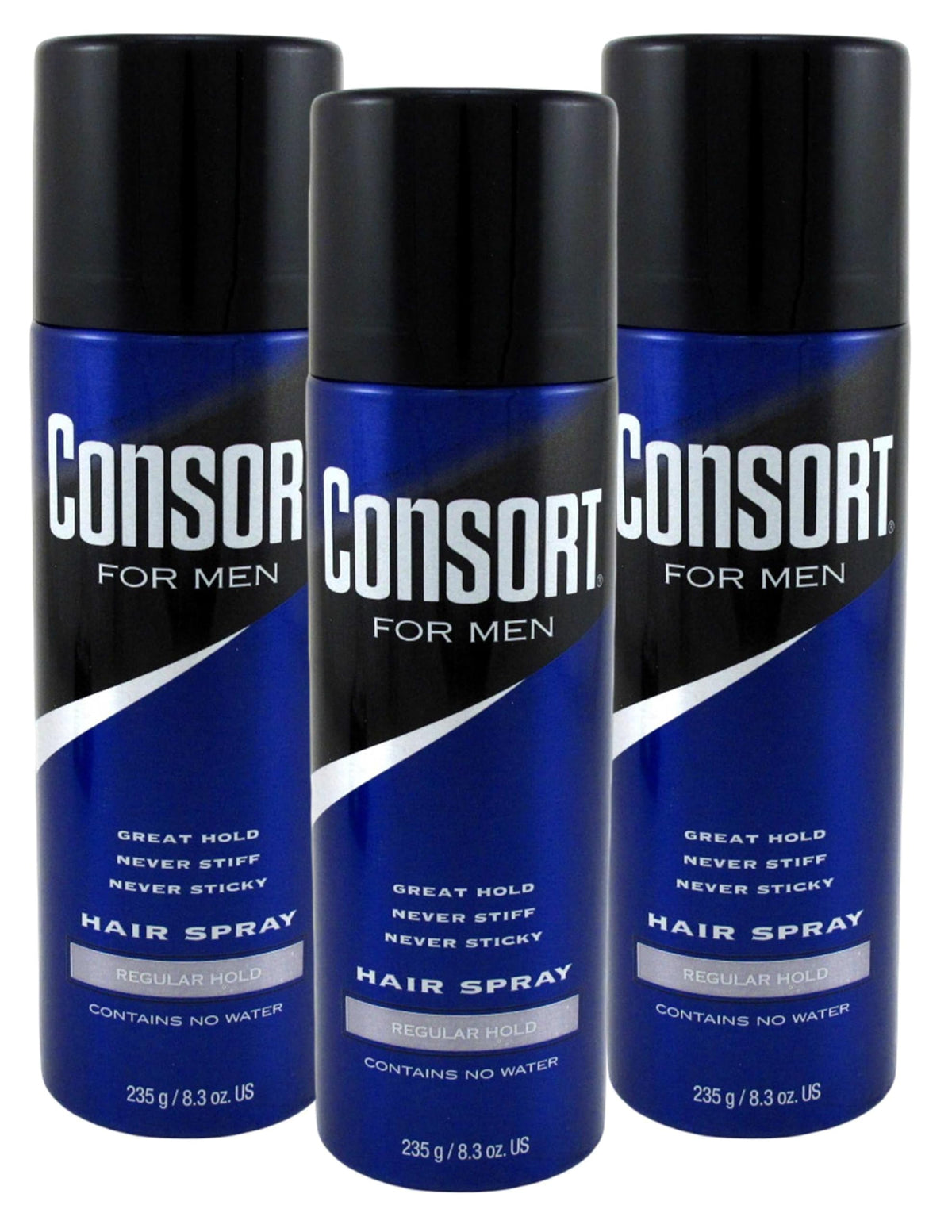 Consort hair spray three-pack shown for convenient all-day styling.