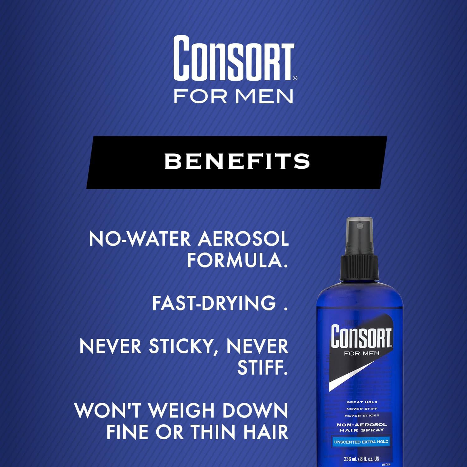 Consort 8 oz unscented hair spray pump-action for easy, precise application.