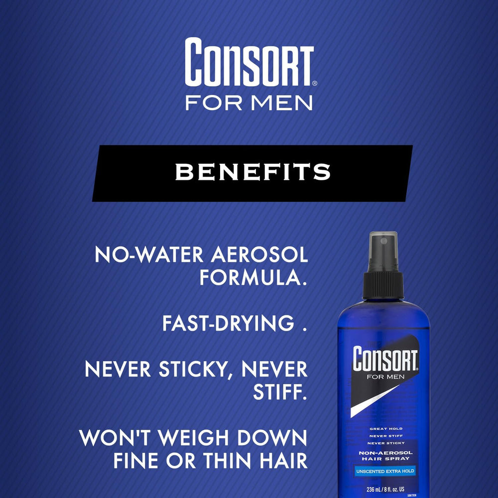 Consort 8 oz unscented hair spray pump-action for easy, precise application.