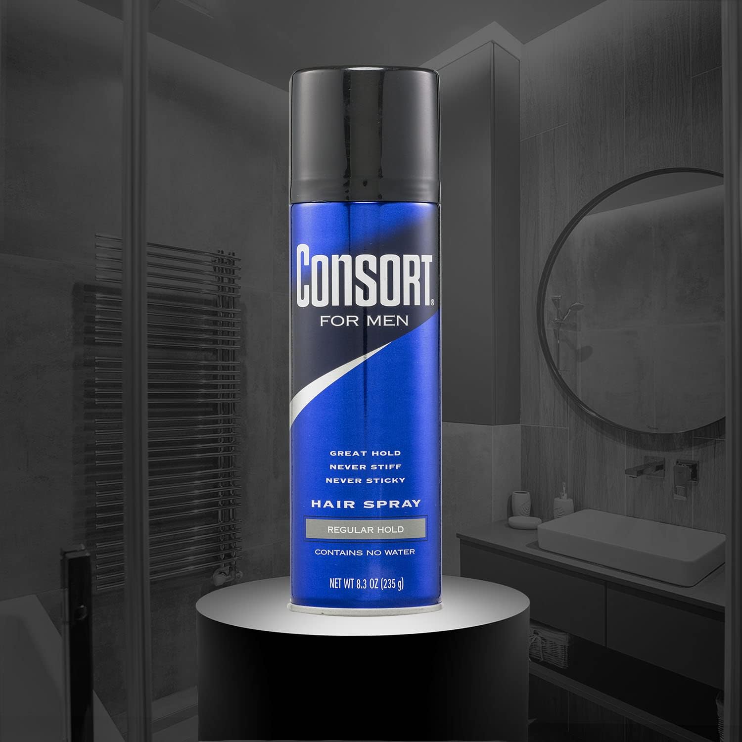 Application shot with Consort Hair Spray being misted onto hair.