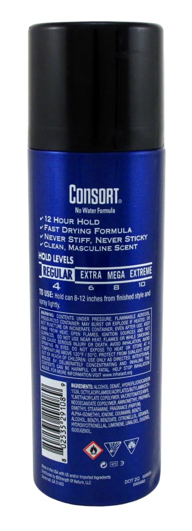 Store display showing Consort Hair Spray Regular Hold 6-pack.