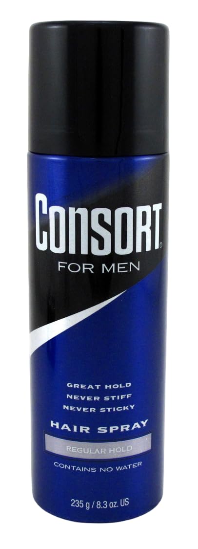Travel-ready Consort Hair Spray 235ml bottle for on-the-go styling.