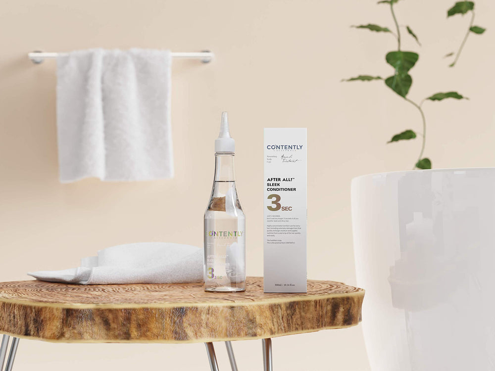 Contently After All Sleek Conditioner aids moisture absorption into hair cuticles.