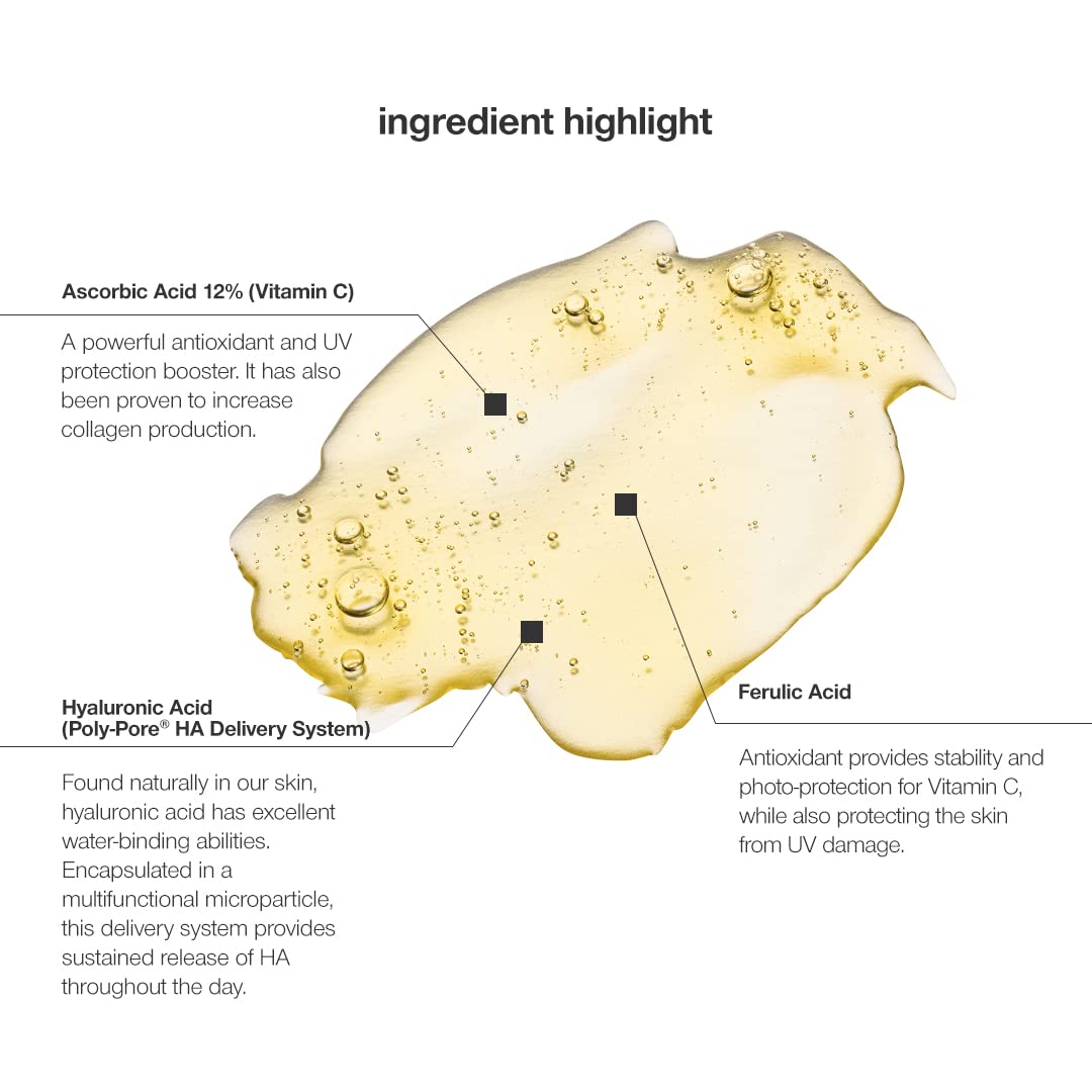 Ingredients label highlights vitamin C and hyaluronic acid for hydration and brightness.