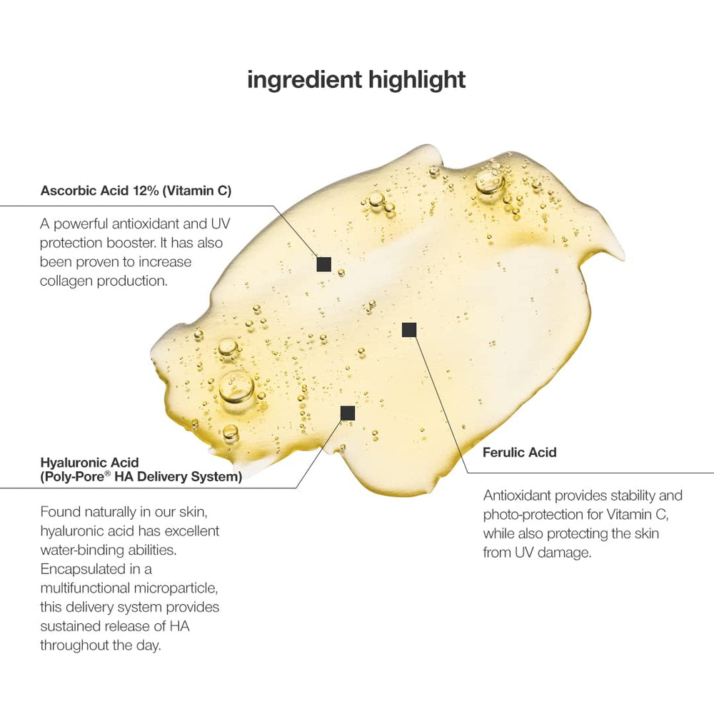 Ingredients label highlights vitamin C and hyaluronic acid for hydration and brightness.