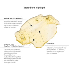Ingredients label highlights vitamin C and hyaluronic acid for hydration and brightness.