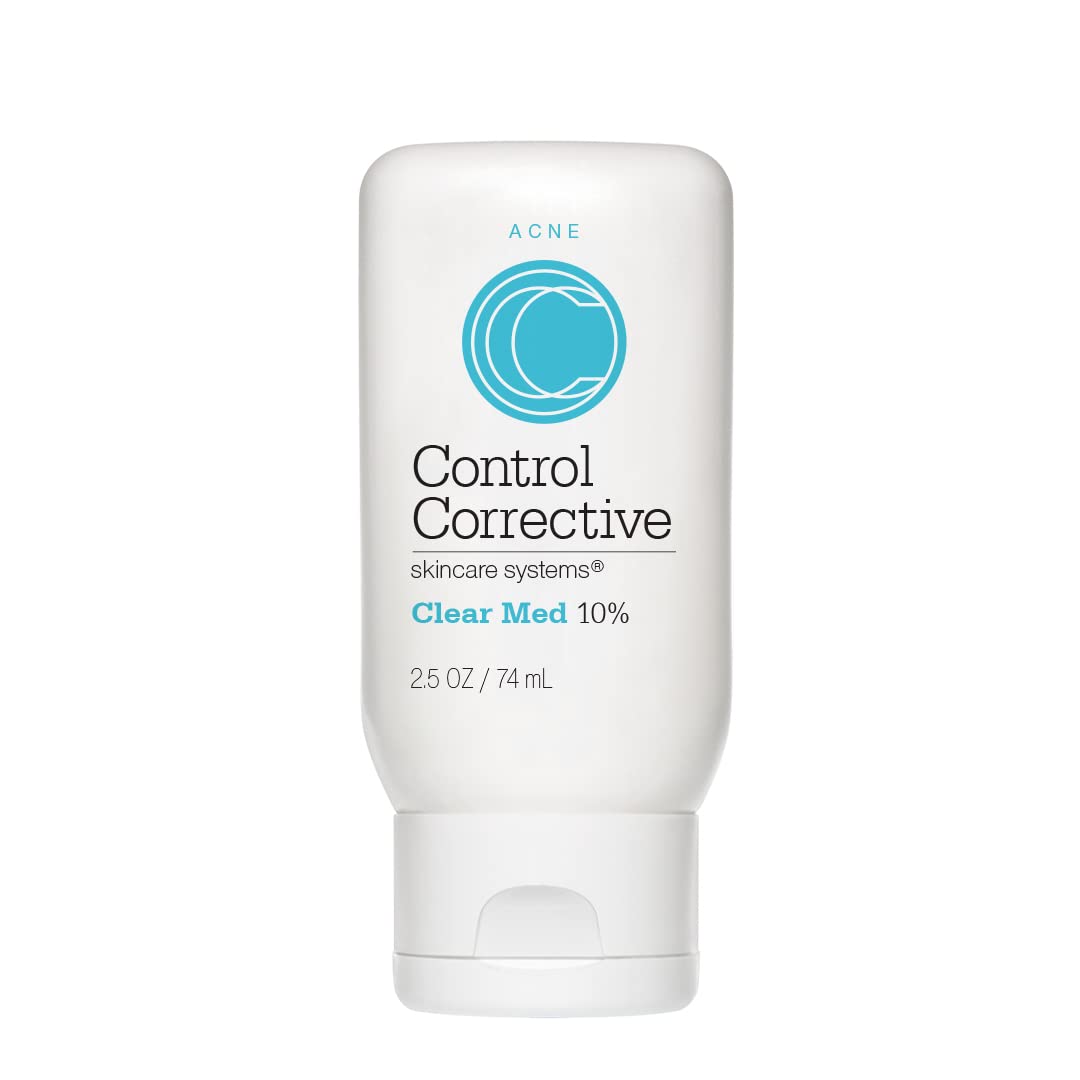 Control Corrective Clear Med 10% bottle close-up highlighting benzoyl peroxide action for clearer skin