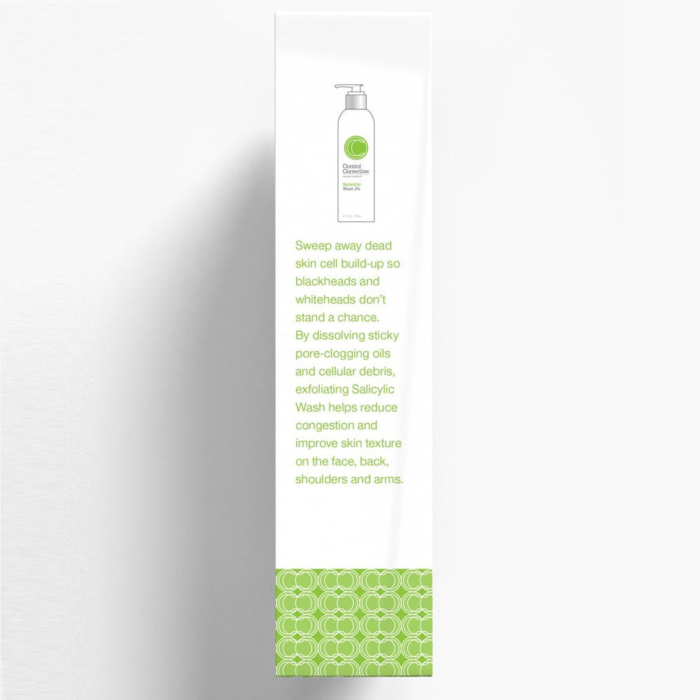 CONTROL CORRECTIVE Salicylic Wash bottle beside towels implies daily routine.
