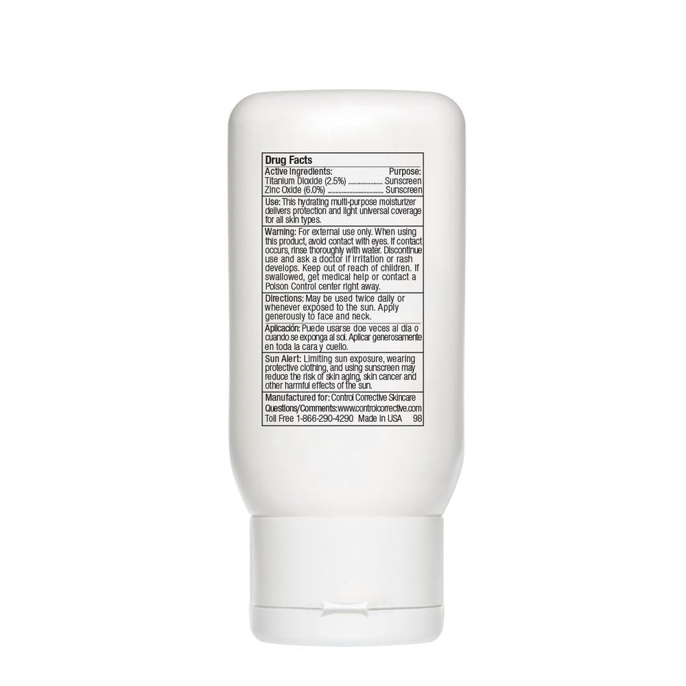 CONTROL CORRECTIVE tinted moisturizer swatch on skin shows natural-tone evening effect.