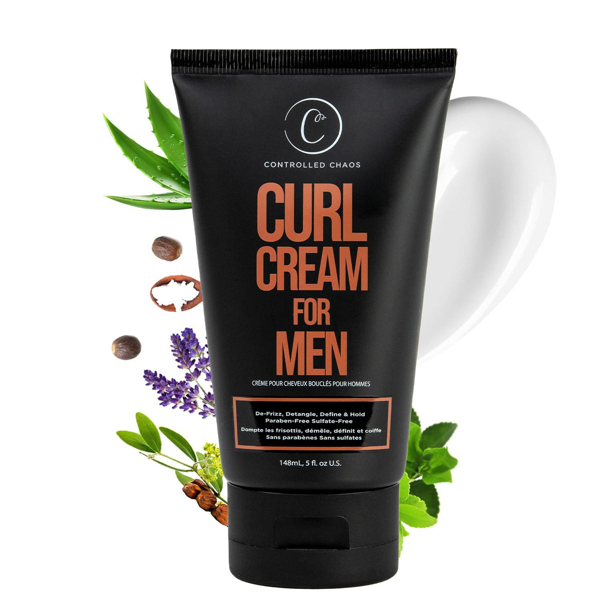 Controlled Chaos Curl Cream bottle close-up showing defined, frizz-free curls.
