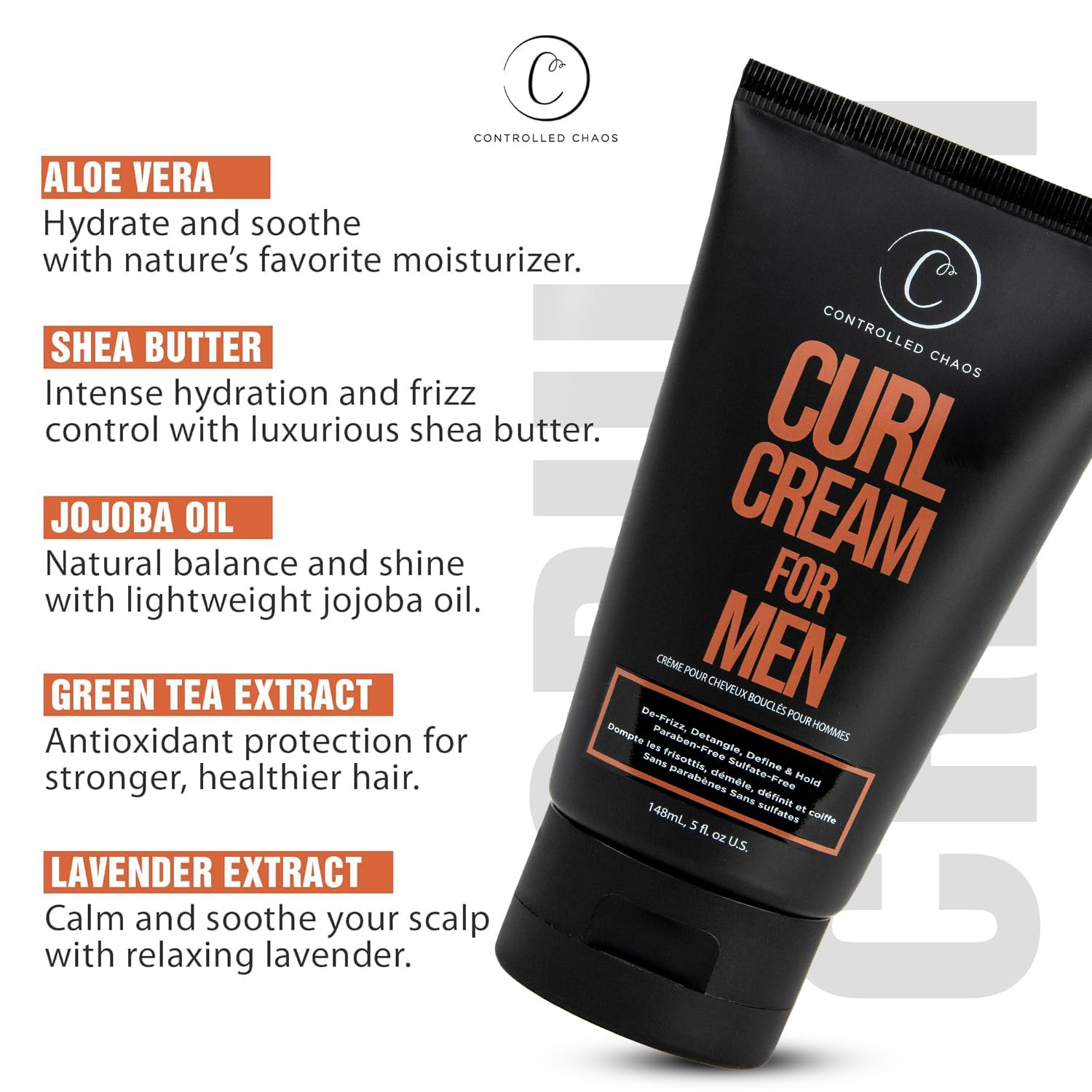 Controlled Chaos Curl Cream in use highlighting natural ingredients like shea and jojoba.