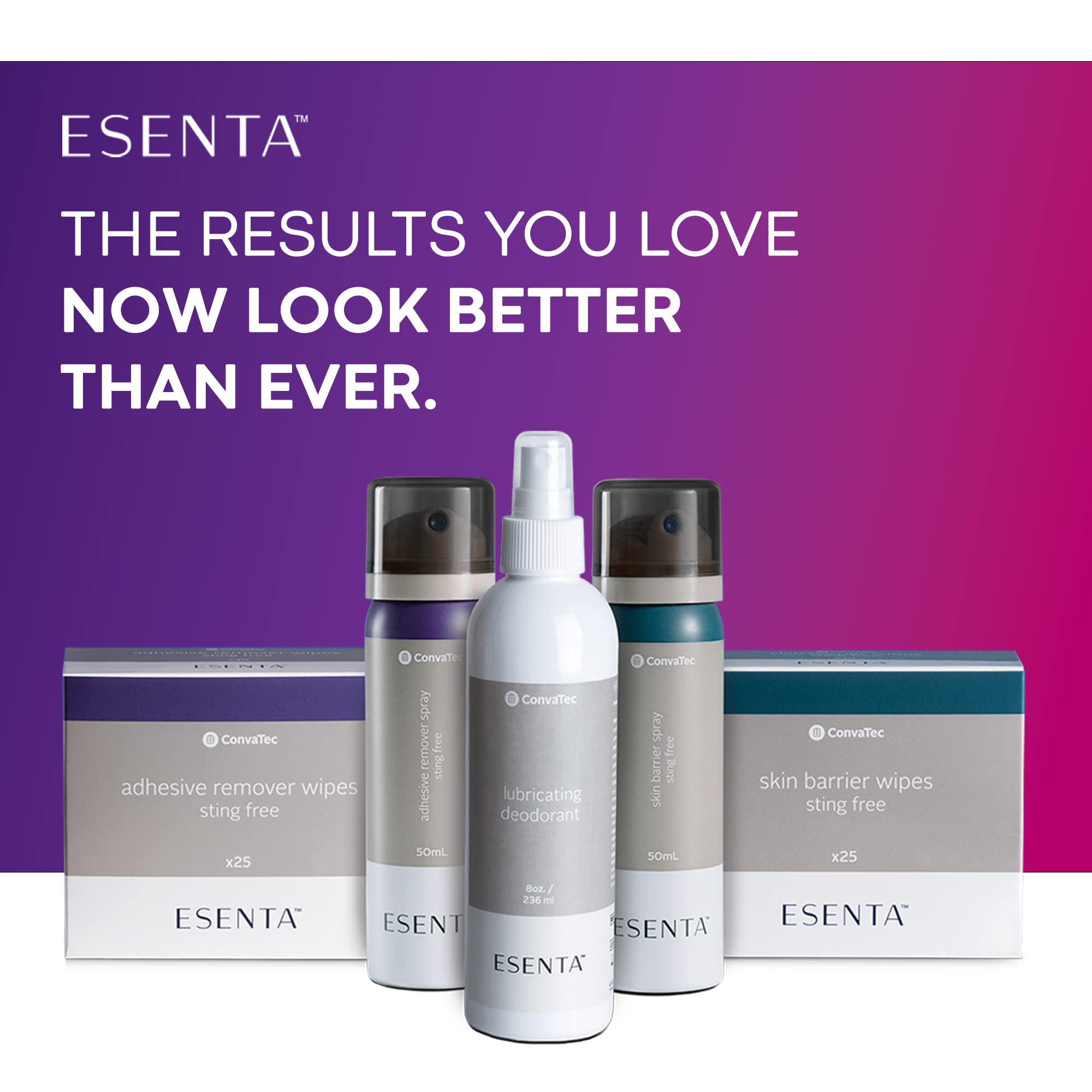 ConvaTec ESENTA packaging shows an 8oz bottle ready for pouch changes.