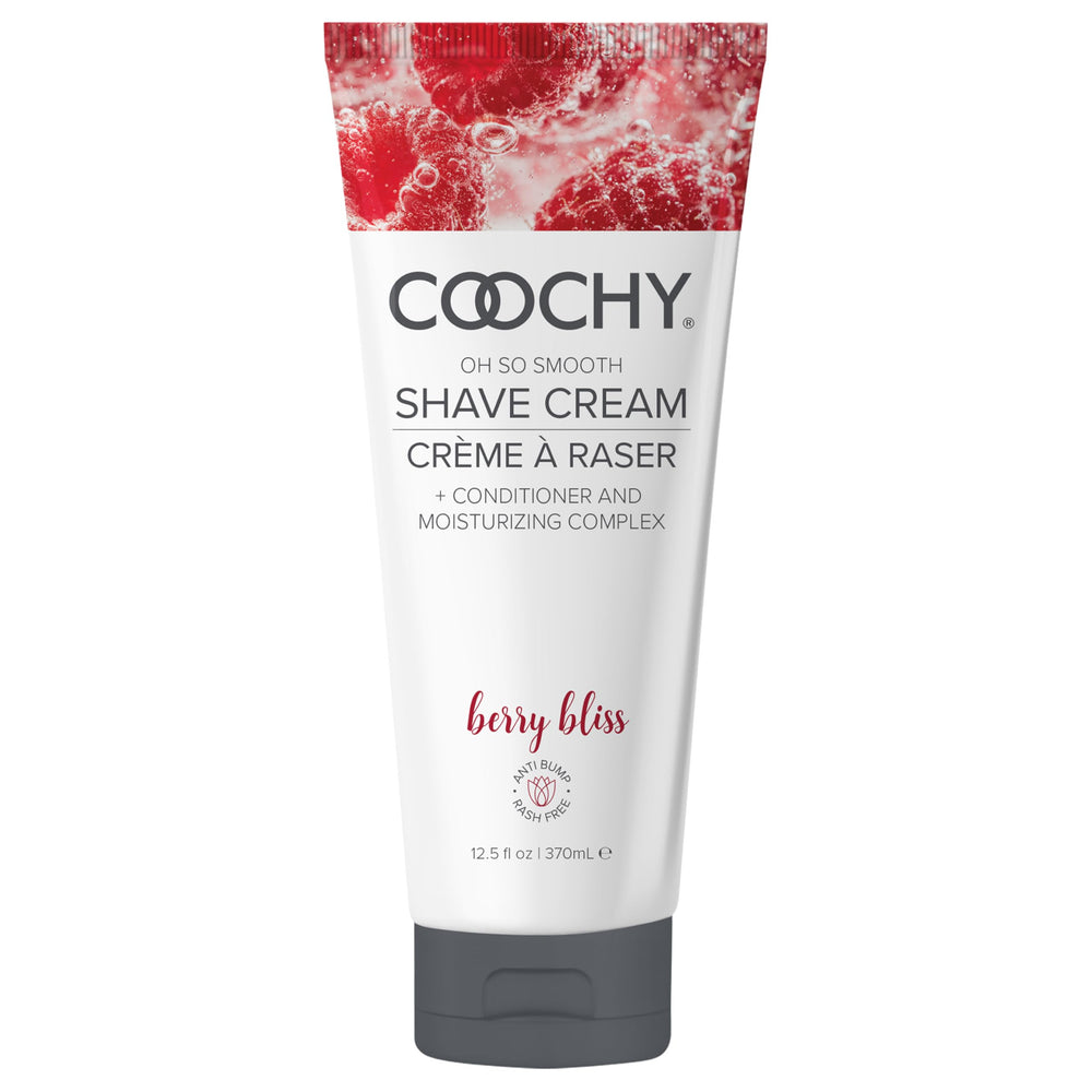 Coochy Berry Bliss shave cream bottle ready for a silky, hydrated shave.