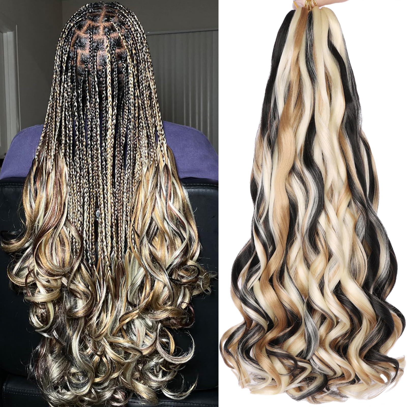COOKOO 22-inch French Curly Braiding Hair in black and blonde mix for goddess box braids.