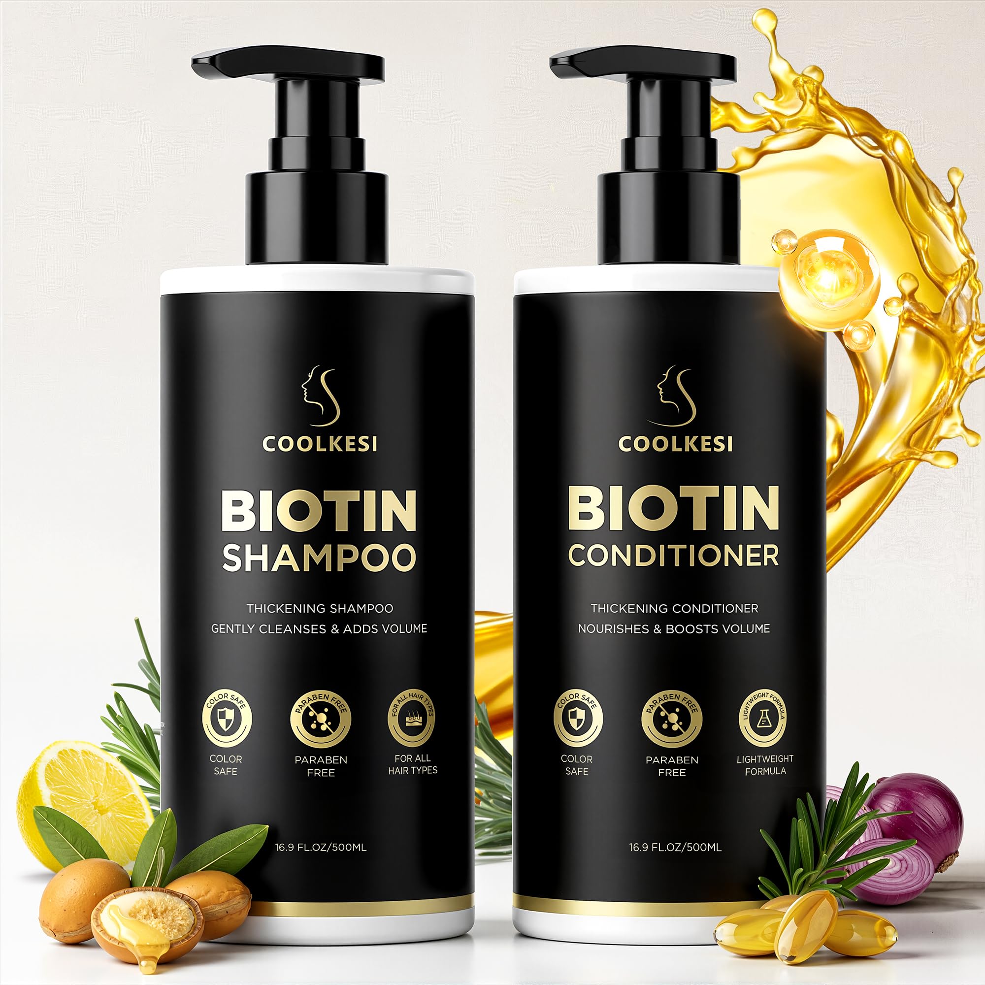 COOLKESI Tripeptide-infused shampoo bottle pouring for fuller roots and healthier appearance.