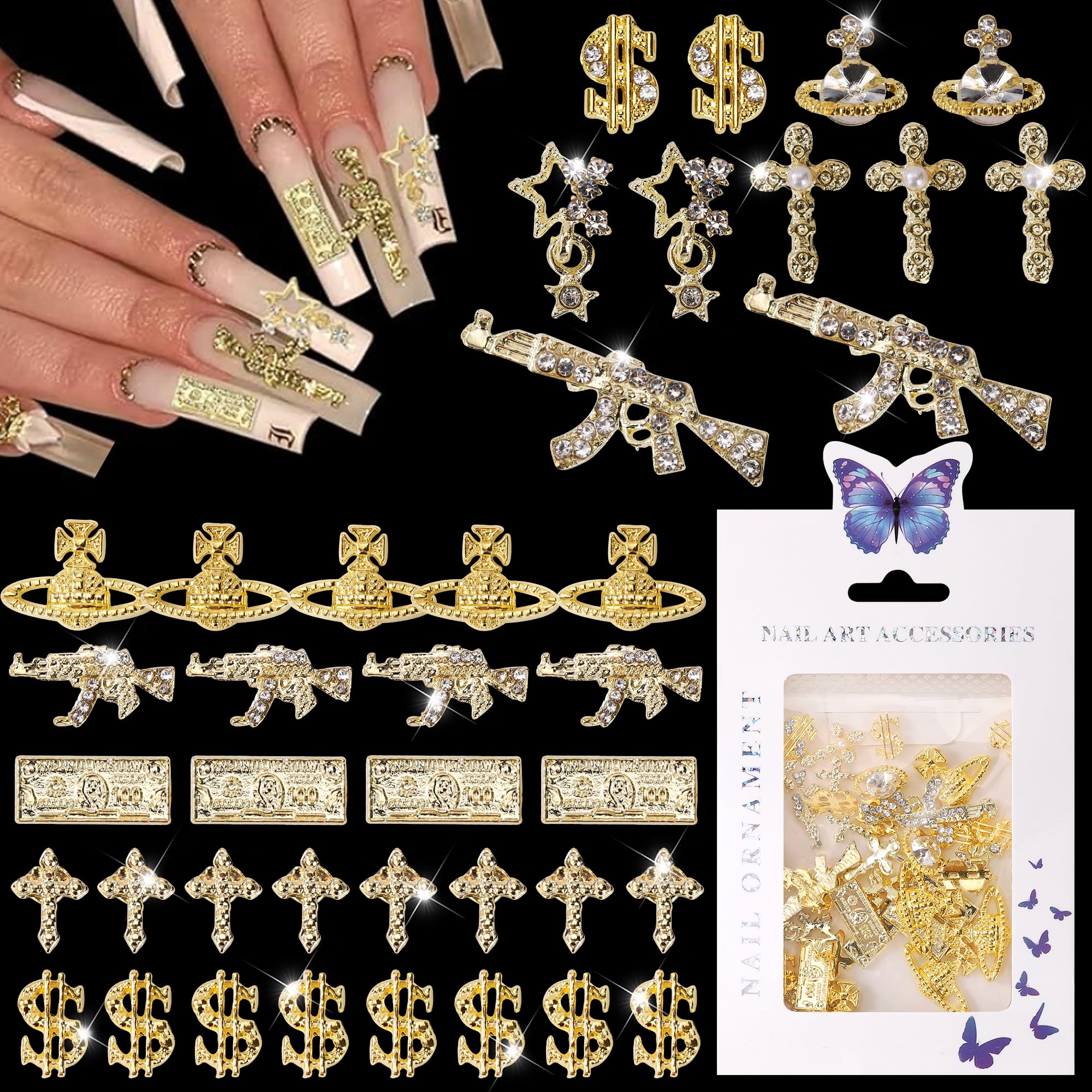COOSLIM dollar nail charms add gold accents with Y2K flair.