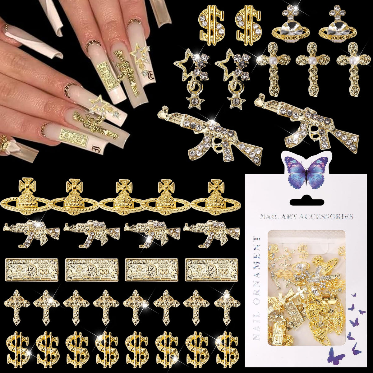 COOSLIM dollar nail charms add gold accents with Y2K flair.
